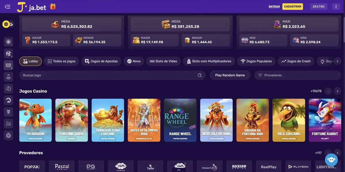 Jabet app - lobby de slots com jackpots, igual na versão para celular